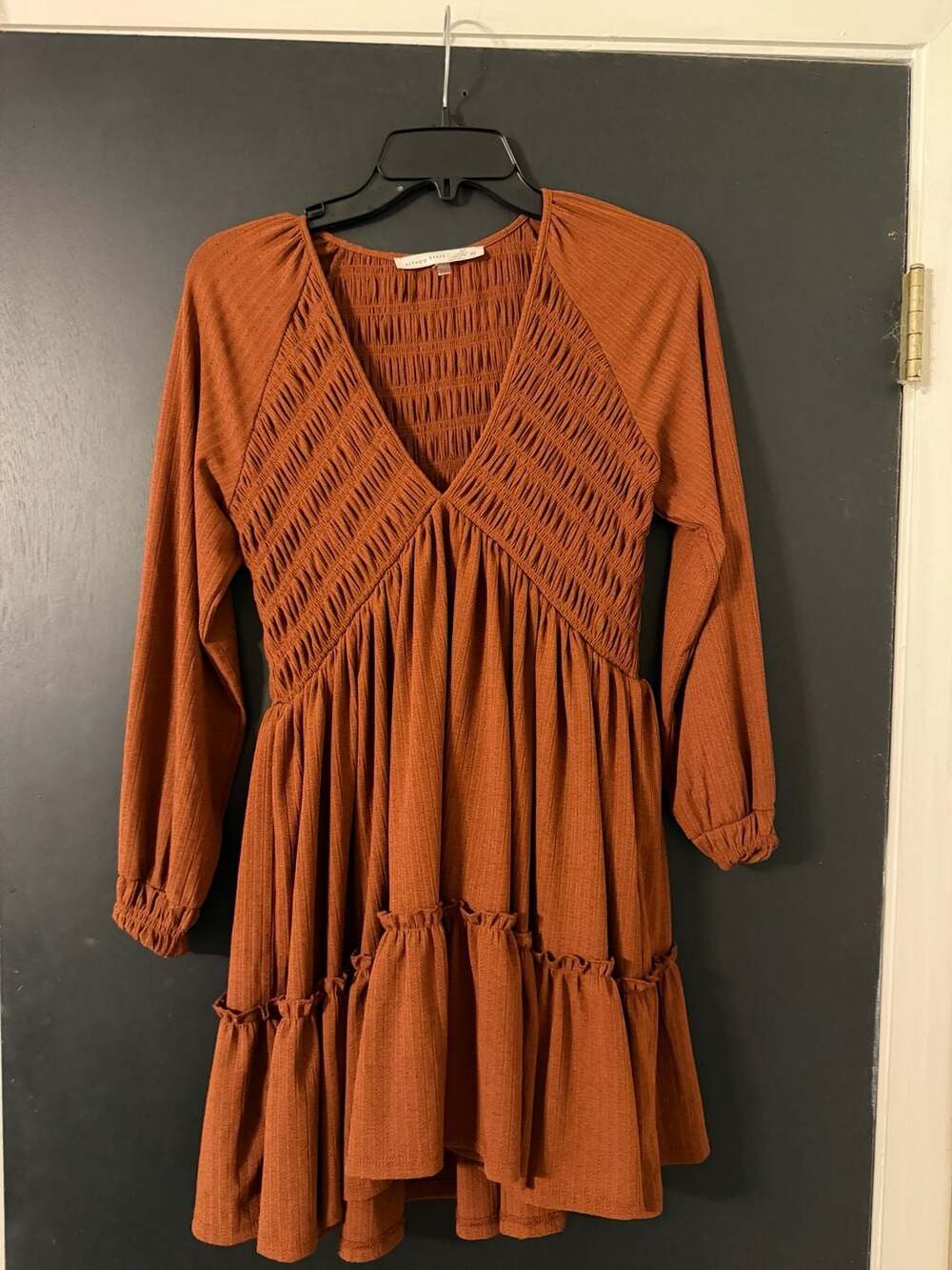 Altar'd State Dress Size XS Rust Orange Smocked Long Sleeve Ruffle Hem
